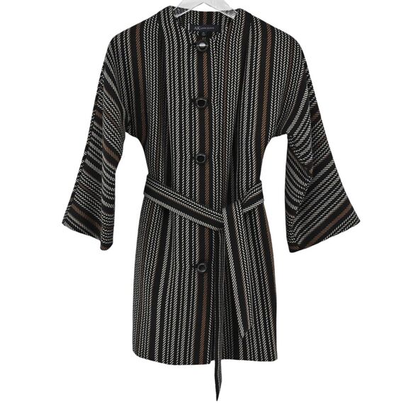 ANNE KLEIN Jacket Womens Sz PS Black Stripe Wool Belted Button Front Bell Sleeve - Picture 1 of 13